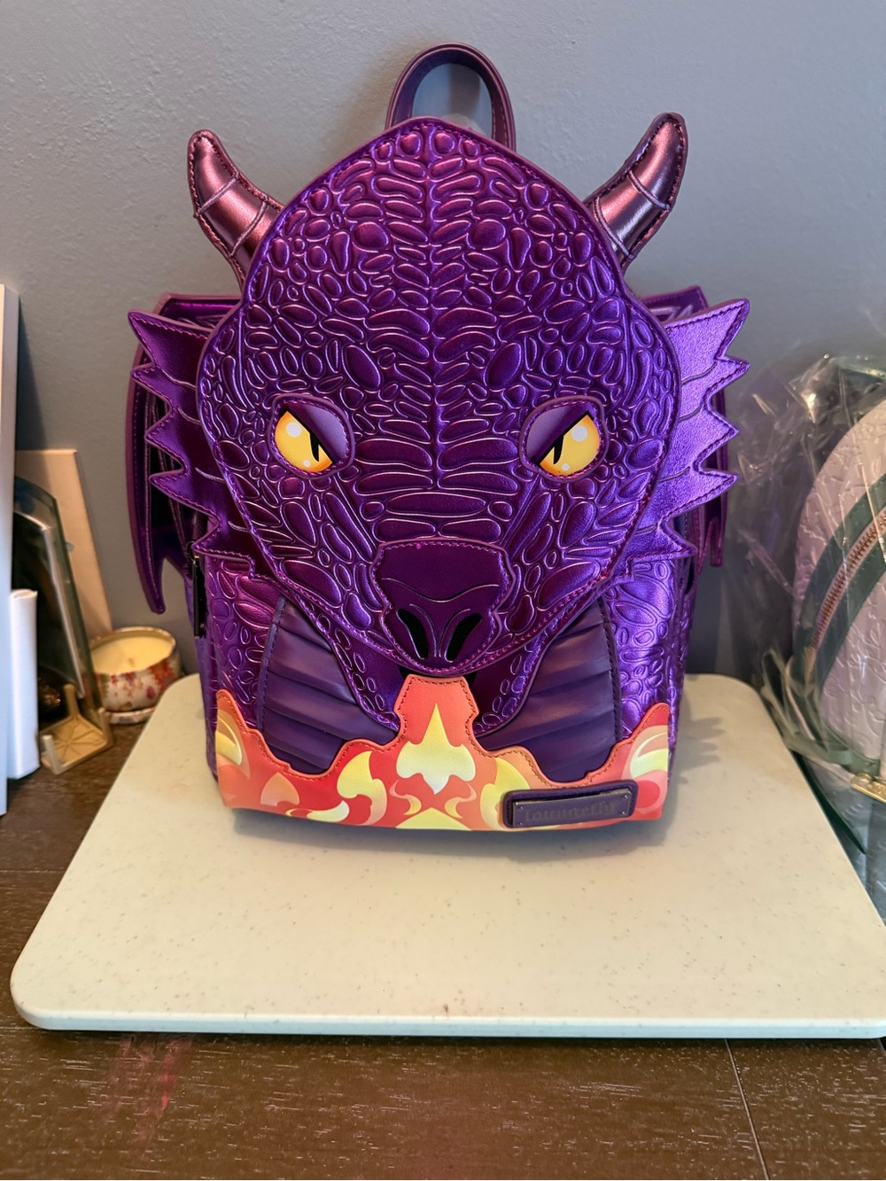 Purple Dragon Face Accent Backpack - Metallic Purple